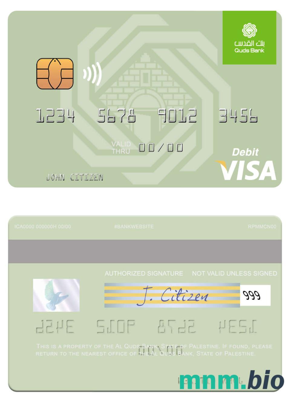 State of Palestine Al Quds Bank visa debet karta przykład w formacie PSD